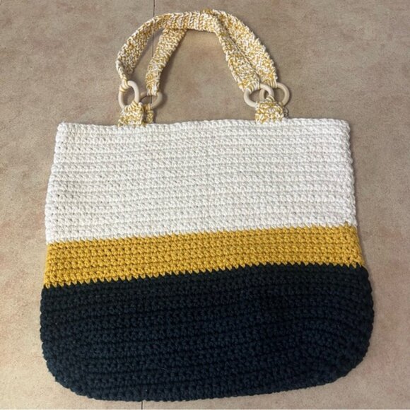 Hand Made Handbags - New Handcrafted Crochet Navy, Mustard & Ivory Tote Bag